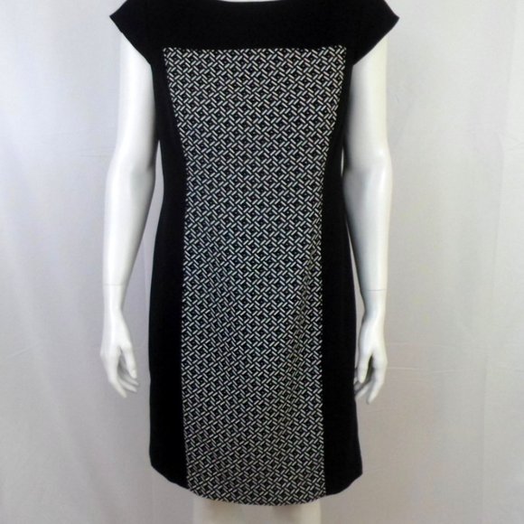 Kasper Womens 8 Black White Geometric Print Panel Cap Sleeve Sheath Dress - Picture 2 of 8